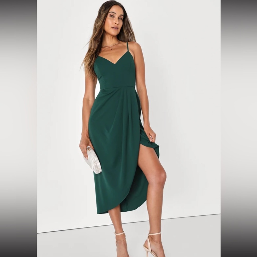 Lulus Reinette Dark Green Midi Dress - Size L